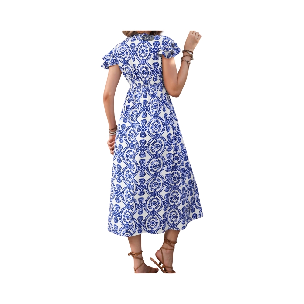 1 NWOT Cupshe Blue and White Flared Sleeve V-Neck boho maxi dress size small - Picture 2 of 10